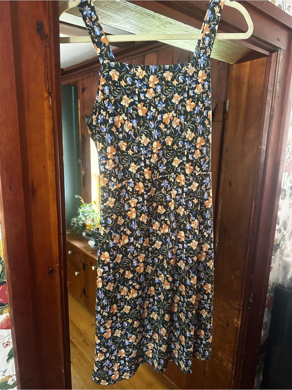 Floral Square-Neck Sundress in Navy with Peach & Light Blue Flowers
